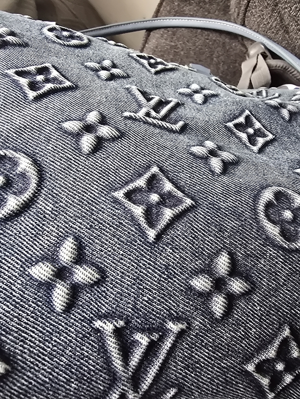Cotton Denim Deluxe Monogram 30 Pillow Large Tote with Light Blue Leather Trim - Picture 10 of 16